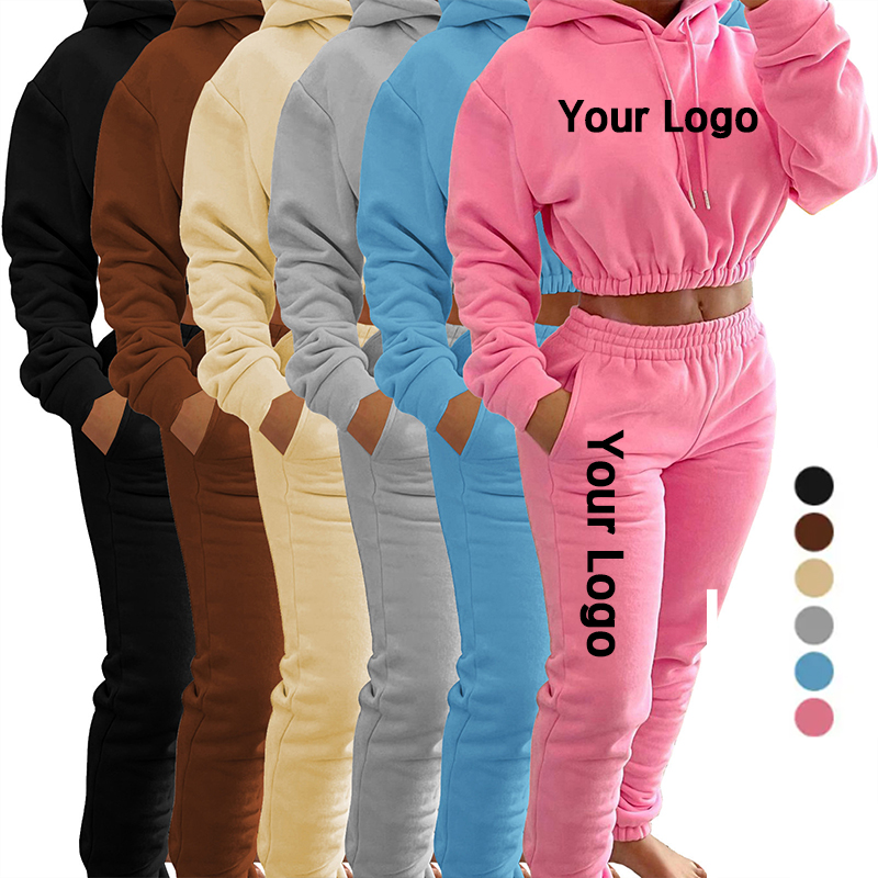 Custom Hoodie Womens Winter Clothes 2023 Crop Jogger Thick Fleece Cotton Two Piece Pants Set Stack Sweatpants And Hoodie Set C11 